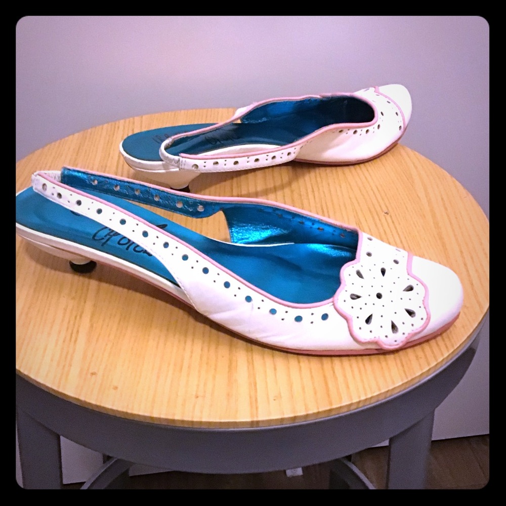 White kitten heel sling backs with detail